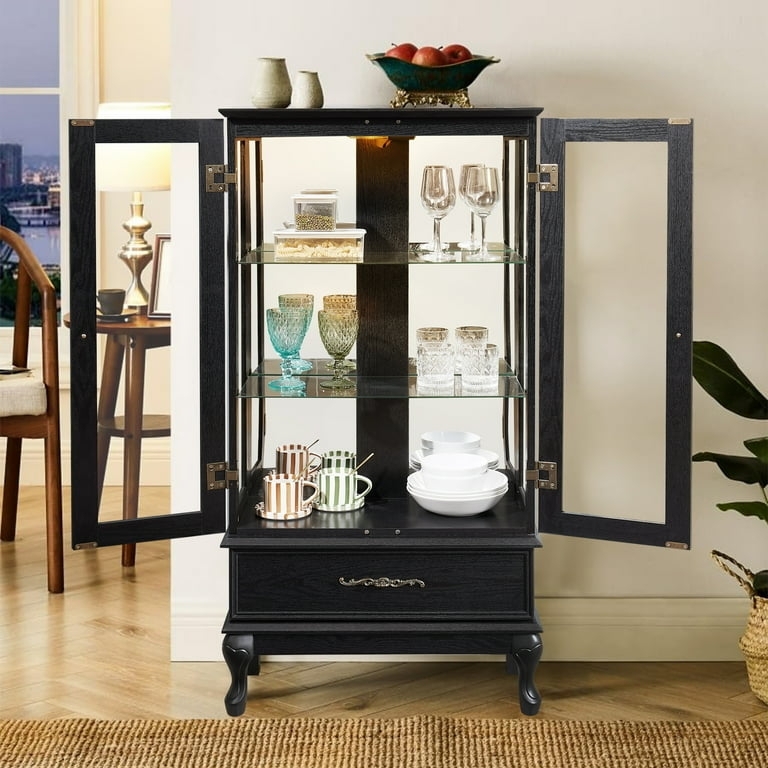 Curio Cabinet Small Lighted Case with Base Drawer and Glass Shelves