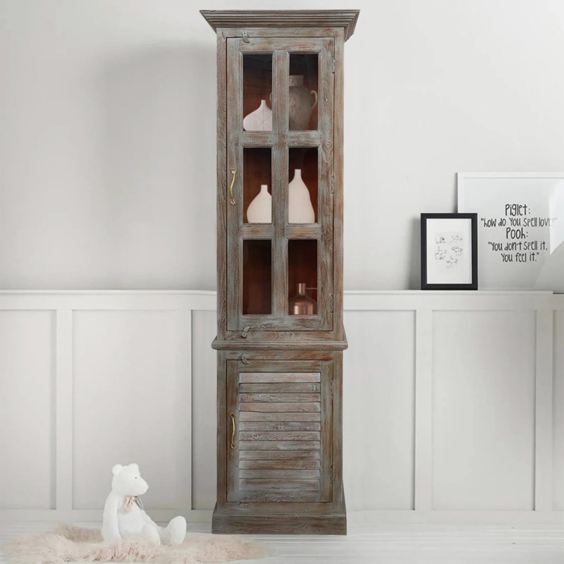 Curio Cabinet Tall Distressed Wood Louvered Base Door Rustic