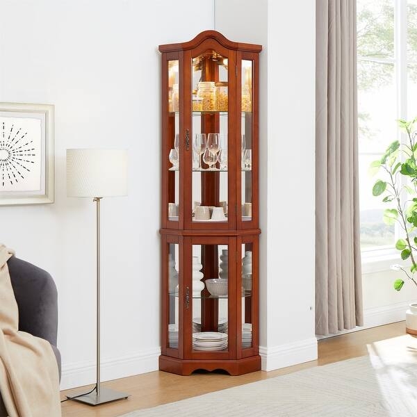 Curio Cabinet Traditional Arched Top Corner Design, Warm Brown Finish