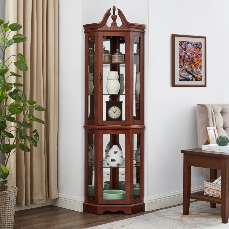 Curio Cabinet Walnut Corner Unit with Arched Pediment and Glass Doors