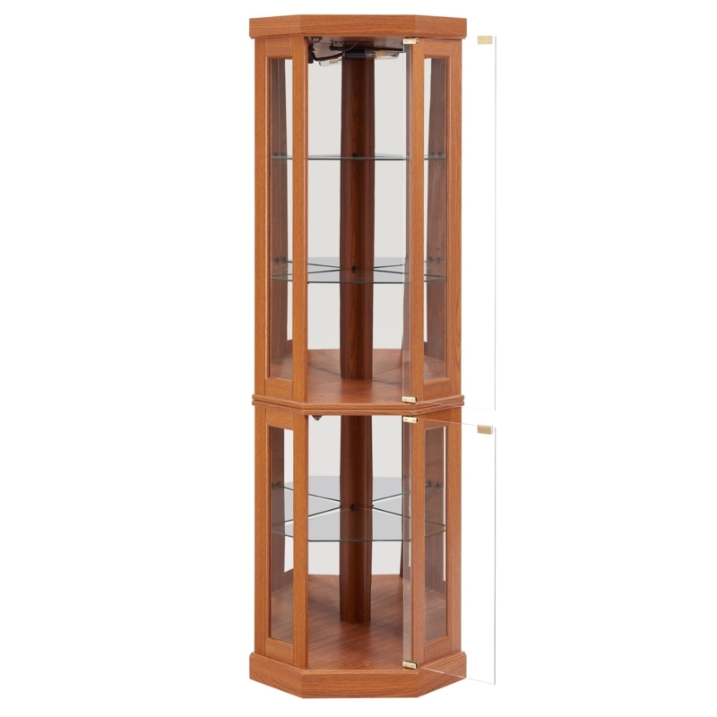 Curio Cabinet Warm Oak Finish Corner Design, Double Doors, Interior Light