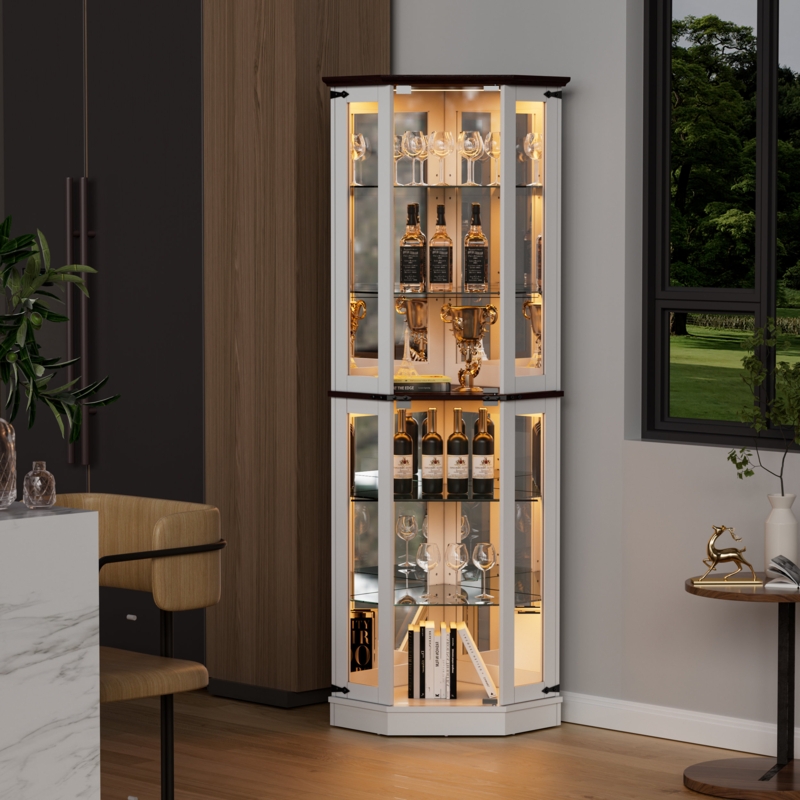 Curio Cabinet White Painted Farmhouse Style, Corner Design, LED Lighting