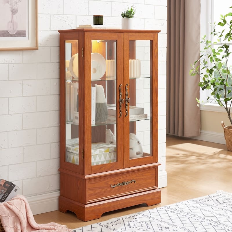 Curio Cabinet Wood Grain Finish with Ornate Brass Handles and Drawer