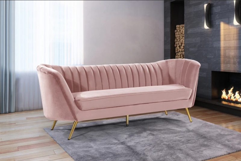 Curved Back Sofa Blush Pink Velvet Channel Tufted Gold Legs