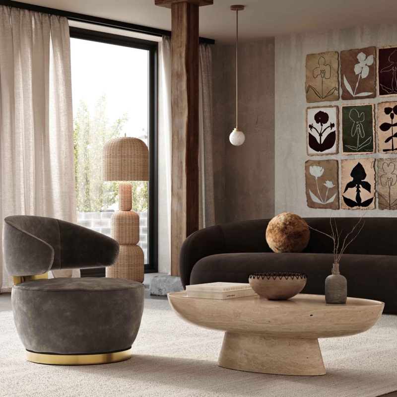Curved Back Sofa in Organic Modern Living Room with Stone Pedestal Table
