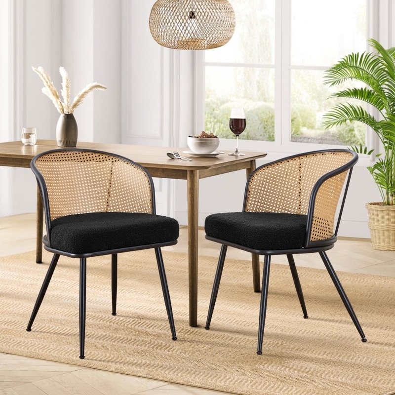 Curved Cane Back Armchairs with Textured Boucle Seat