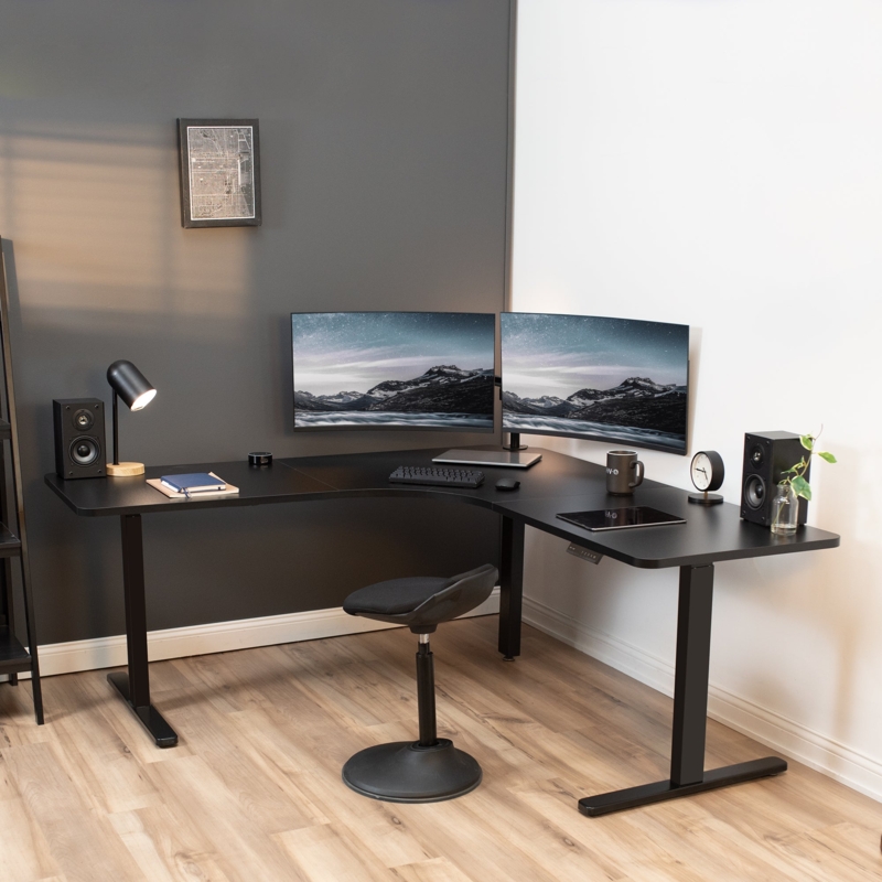 Curved Corner Standing Desk in Matte Black with T-Frame Legs