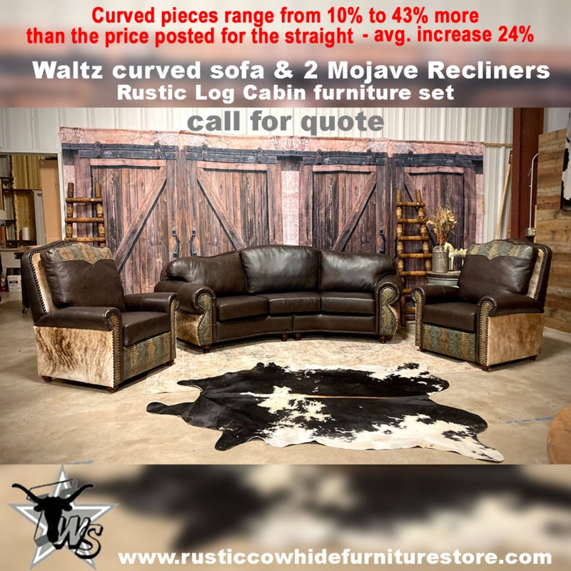 Curved Leather Sofa Set with Cowhide Panels and Western Lodge Style