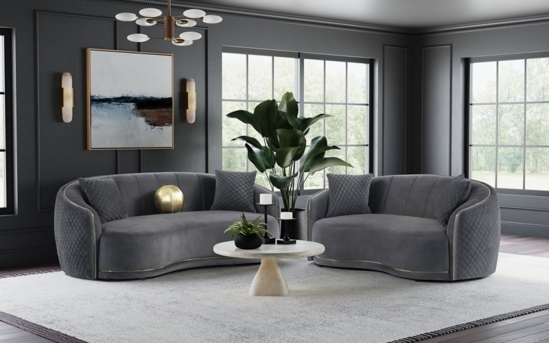 Curved Loveseat Charcoal Velvet Diamond Quilted Gold Trim