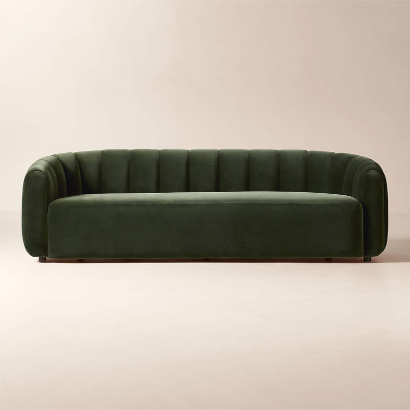 Curved Loveseat Forest Green Velvet with Vertical Channeling