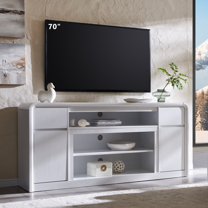 Curved Media Console with Tall 32-Inch Profile and Whitewashed Finish