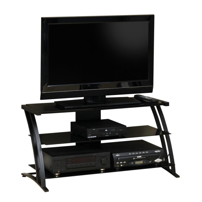 Curved Metal TV Stand with Open Back and Black Glass Shelves