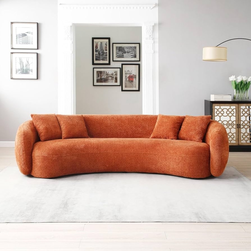 Curved Orange Boucle Sofa with Kidney Shape Design