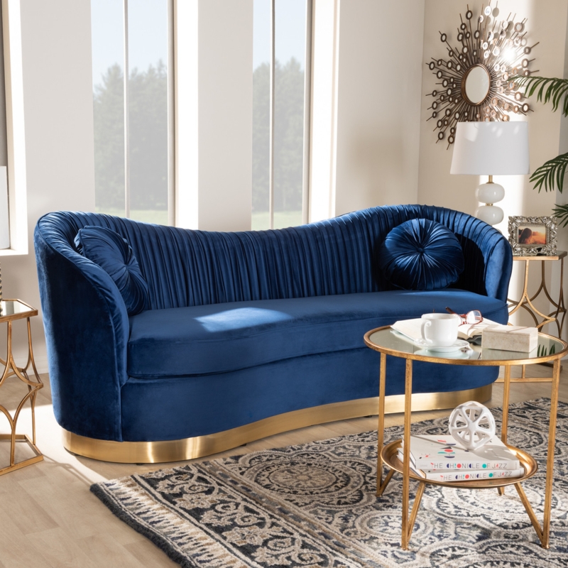 Curved Royal Blue Velvet Sofa, Gold Plinth Base, Channel Tufted