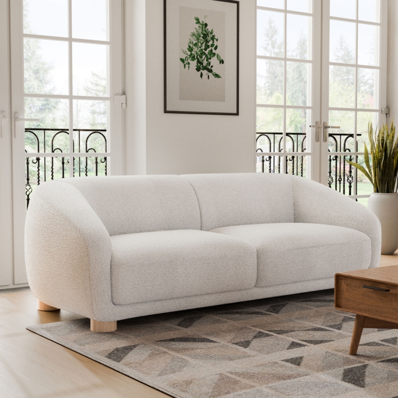 Curved Slope Arm Sofa with Boucle Texture and Light Wood Legs