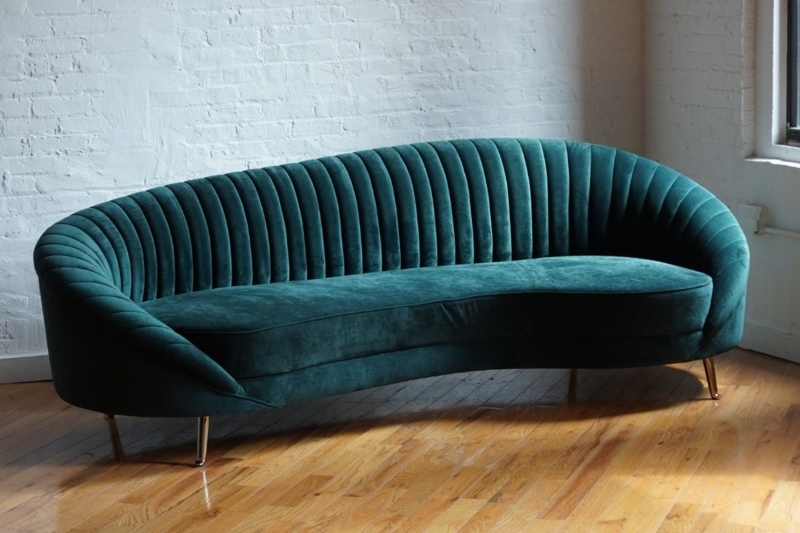 Curved Sofa Asymmetrical Evergreen Velvet Channel Tufted Couch
