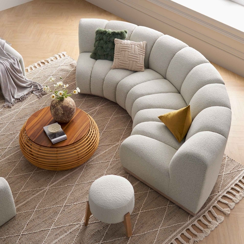 Curved Sofa Boucle Channeled Upholstery Segmented