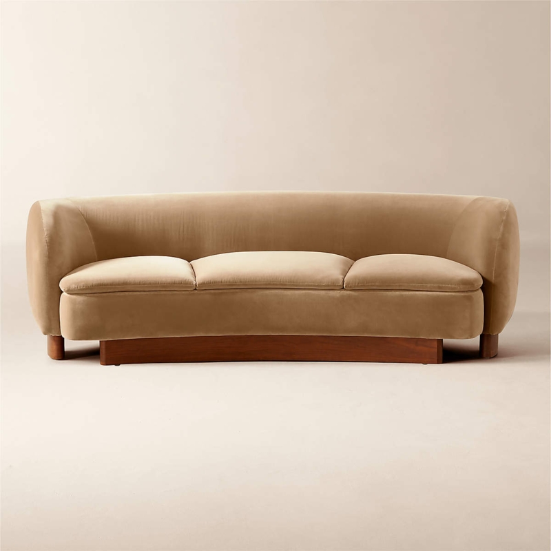 Curved Sofa Camel Velvet Wood Plinth Base Crescent Silhouette