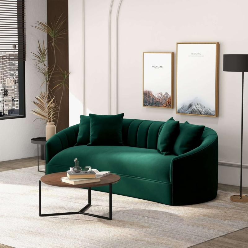 Curved Sofa Emerald Green Velvet Channel Tufted Mid-Century