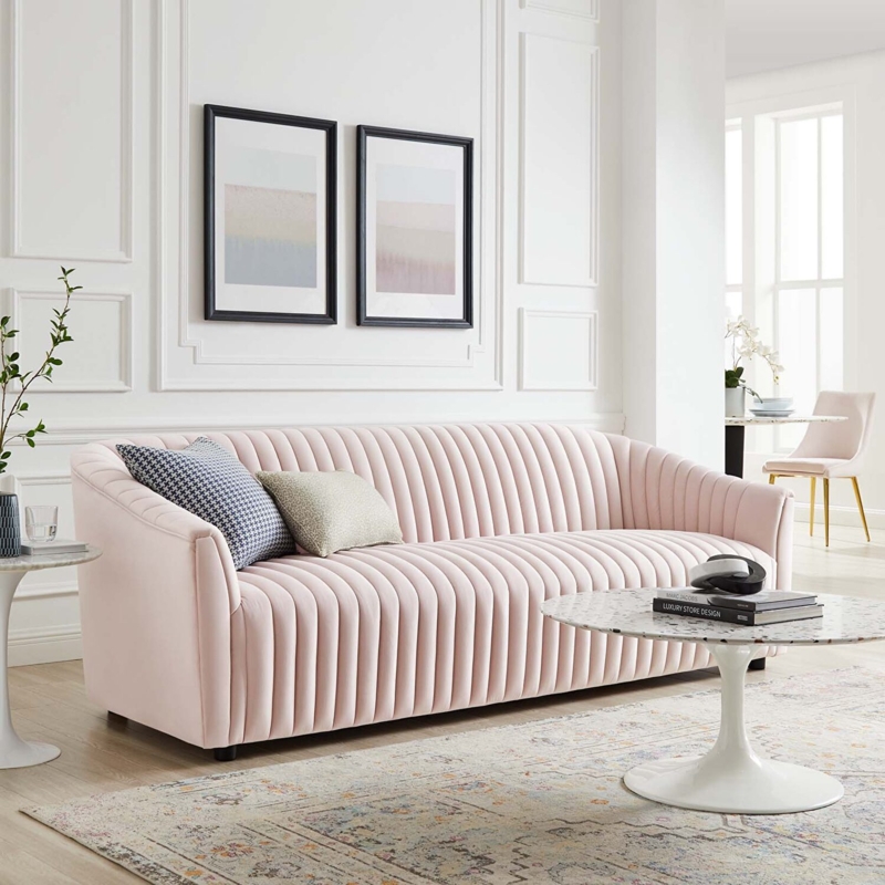 Curved Sofa Pale Pink Channel Tufted Glam Living Room