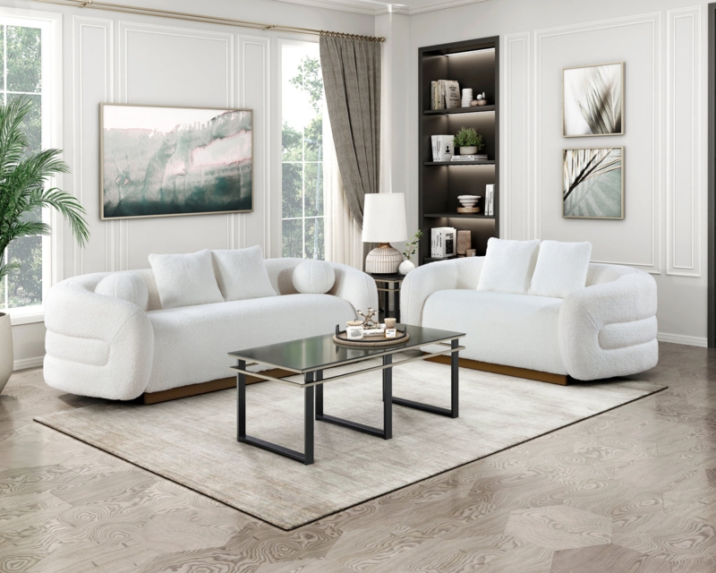 Curved Sofa Set in White Boucle Fabric with Plinth Base