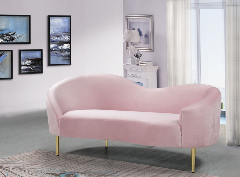 Curved Sofa with Asymmetrical Back and Gold Legs in Pink Velvet