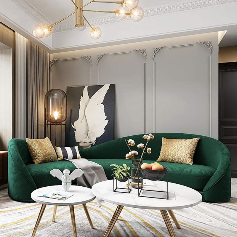 Curved Sofa with Asymmetrical Back in Emerald Green Velvet