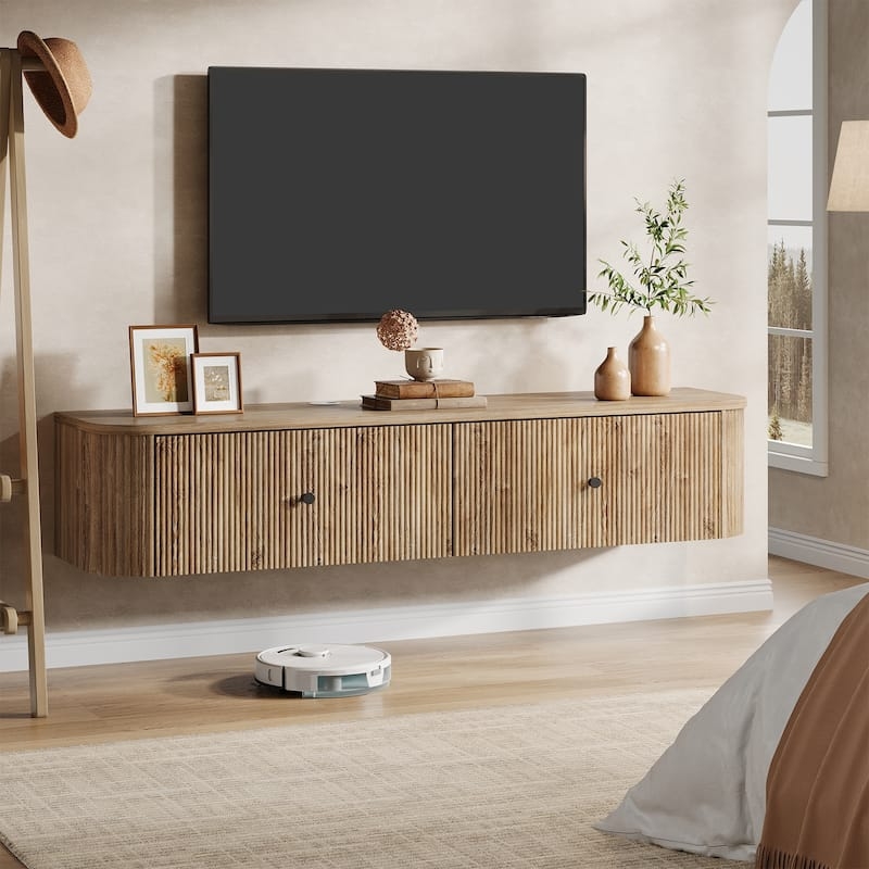Curved TV Stand Floating Design Ribbed Front Wall Mounted Console
