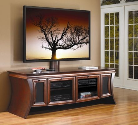 Curved TV Stand with Mount, Dark Espresso and Glass Front Doors