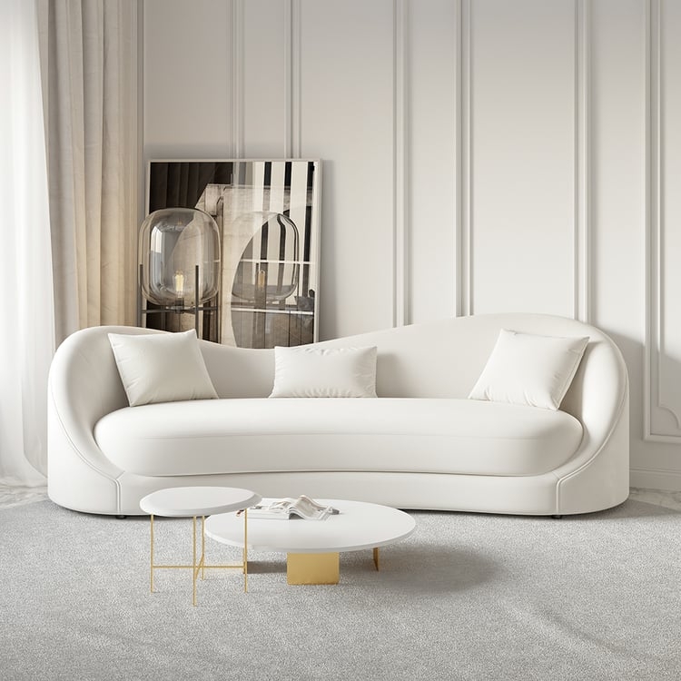 Curved Velvet Sofa with Asymmetrical Silhouette and Gold Accents