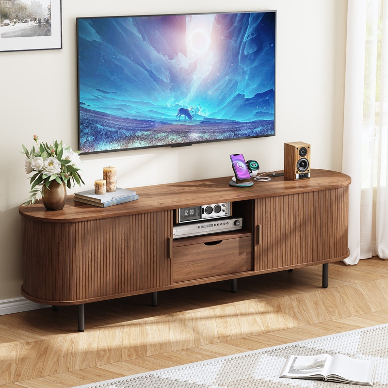 Curved Wood TV Stand with Tambour Slatted Doors and Black Metal Legs