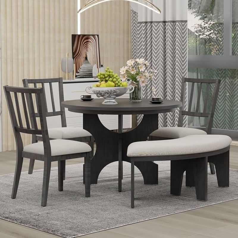 Cutout Pedestal Round Dining Set with Curved Bench and Chairs
