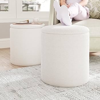 Cylindrical Boucle Ottoman Vanity Stool with Hidden Storage Feature