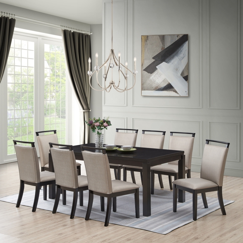 Danby 9 Piece Dining Set, Gray Fabric & Cappuccino Wood (Table & 8 Chairs)  -