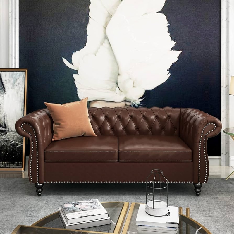 Dark Brown Chesterfield Loveseat, Button Tufted Back
