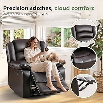 Dark Brown Faux Leather Recliner, Precision Stitching, Overstuffed.