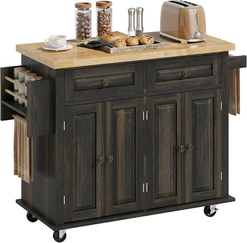 Dark Brown Kitchen Island Cart with Recessed Panel Doors and Towel Bar