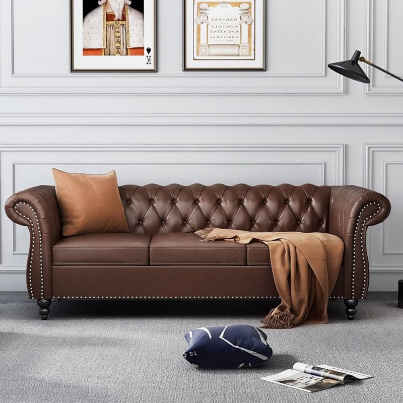 Dark Brown Leather-Like Chesterfield Sofa with Nailhead Trim