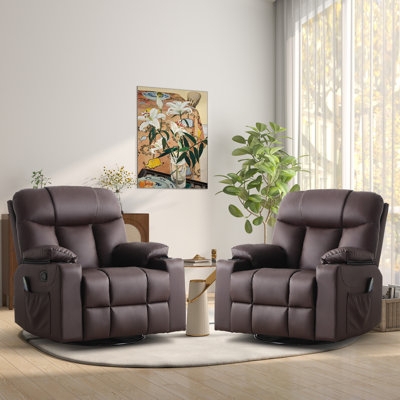 Dark Brown Manual Recliner Set with Grid Stitching and Side Pockets