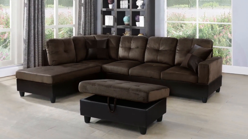 Dark Brown Sectional Sofa with Storage Ottoman and Tufted Seating