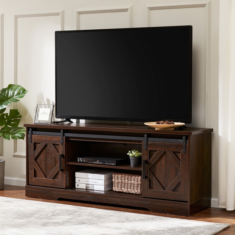 Dark Brown TV Stand with Sliding Barn Doors and X-Panel Details