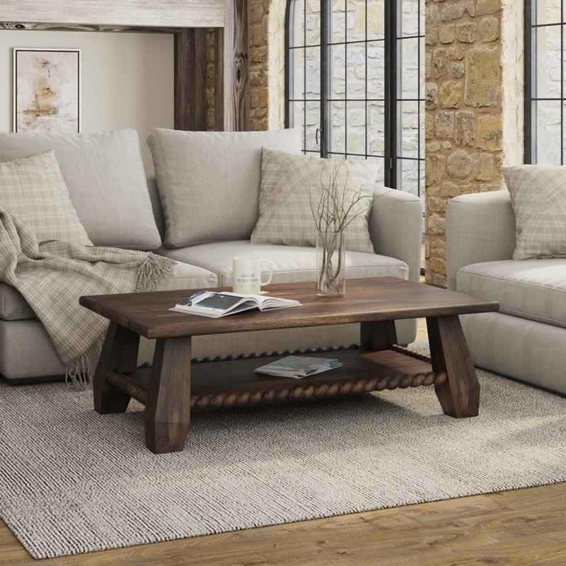 Dark Brown Wood Coffee Table with Rope Carved Detail and Shelf