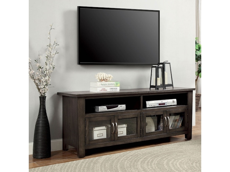 Dark Charcoal TV Cabinet with Four Glass Front Doors and Open Cubbies