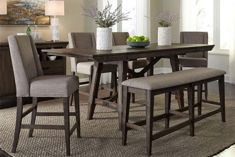 Dark Chestnut Counter Height Dining Set with Trestle Base and Bench