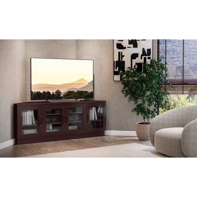 Dark Espresso Corner Tv Stand with Four Glass Front Doors.