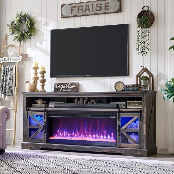 Dark Farmhouse Fireplace TV Stand Barn Doors Blue LED Fireplace