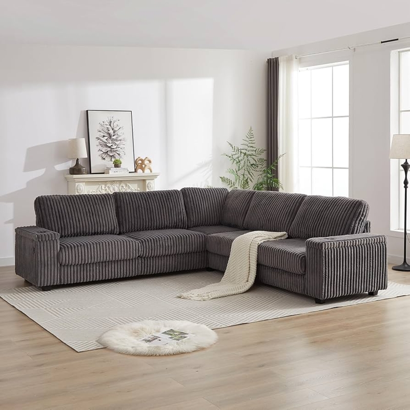 Dark Gray Corduroy Sectional, Oversized L-Shape Sofa with Cup Holders.