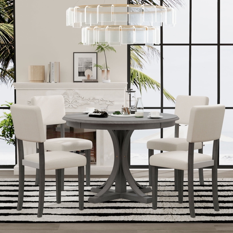 Dark Gray Dining Set featuring Curved Trestle Base and Beige Chairs.
