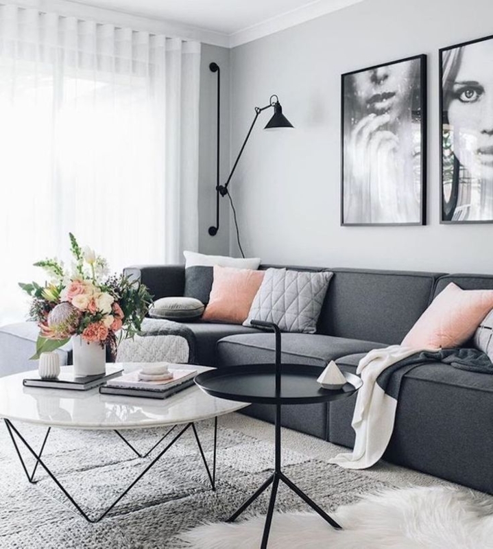 Dark Gray L-Shaped Sectional with Blush Pink Accents