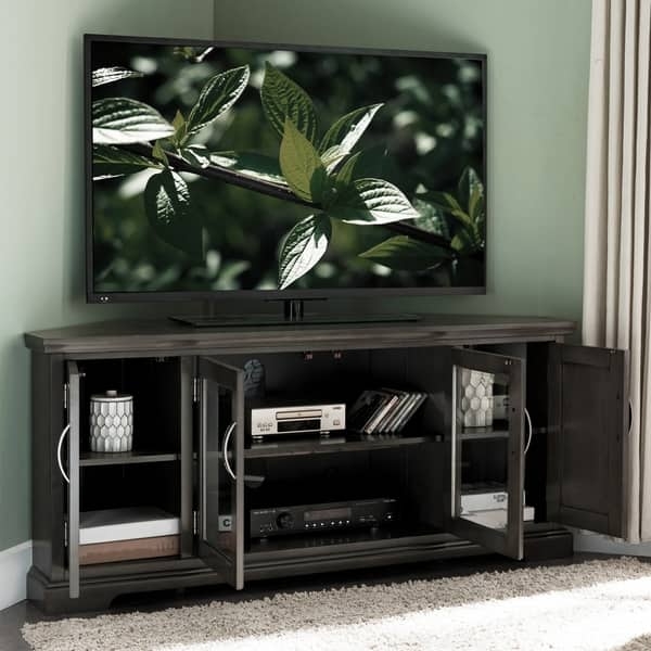 Dark Grey Corner Tv Stand with Four Glass Doors and Transitional Style.